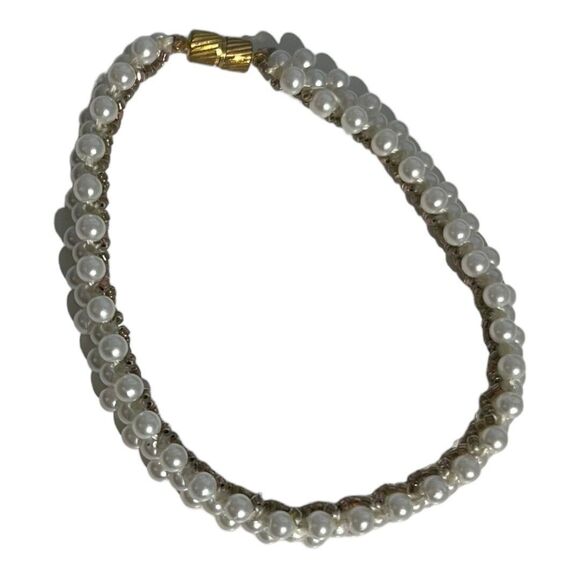 Womens Gold Tone Faux Pearl Bangle Bracelet Magnetic Clasp Double Strand Dainty - Picture 1 of 6